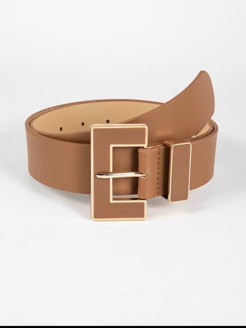 Designer-Inspired Tan Leather Belt with Gold 'E' Buckle